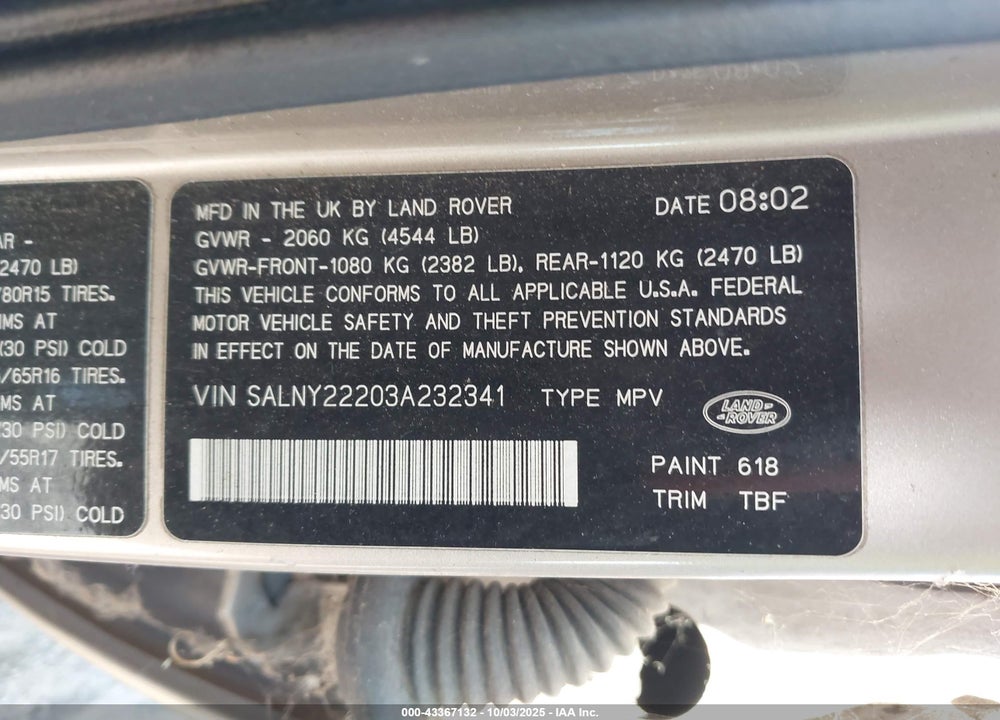2003 LAND ROVER FREELANDER SE VIN: SALNY22203A232341