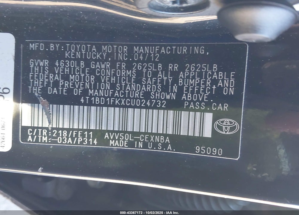 2012 TOYOTA CAMRY HYBRID VIN: 4T1BD1FKXCU024732
