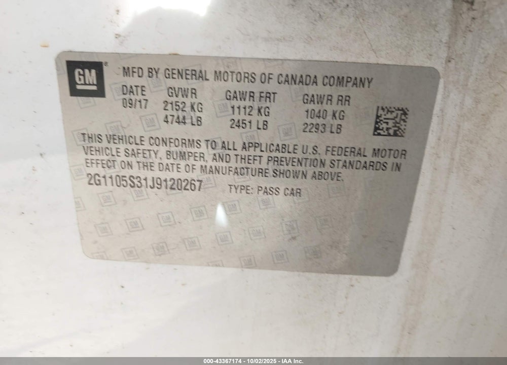 2018 CHEVROLET IMPALA 1LT VIN: 2G1105S31J9120267