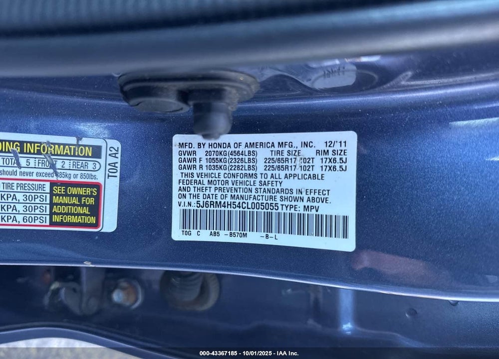 2012 HONDA CR-V VIN: 5J6RM4H54CL005055