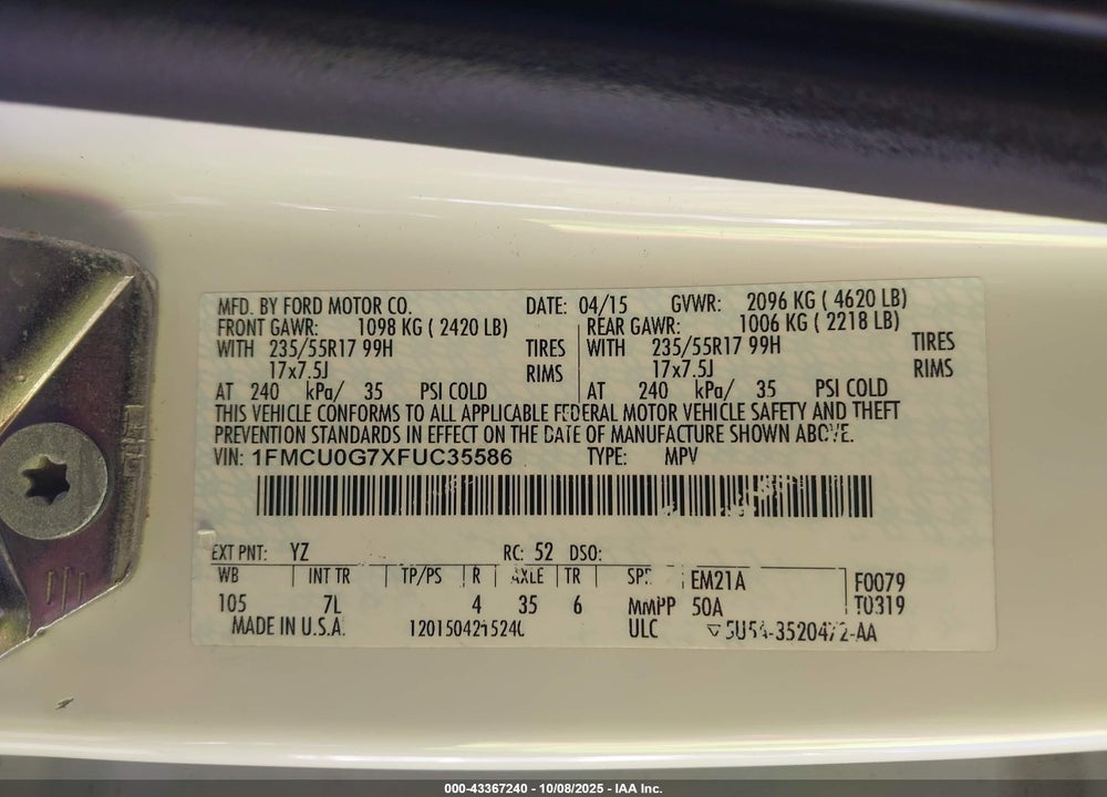 2015 FORD ESCAPE VIN: 1FMCU0G7XFUC35586