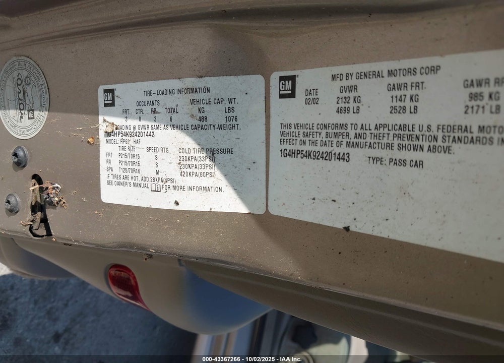2002 BUICK LESABRE CUSTOM VIN: 1G4HP54K924201443