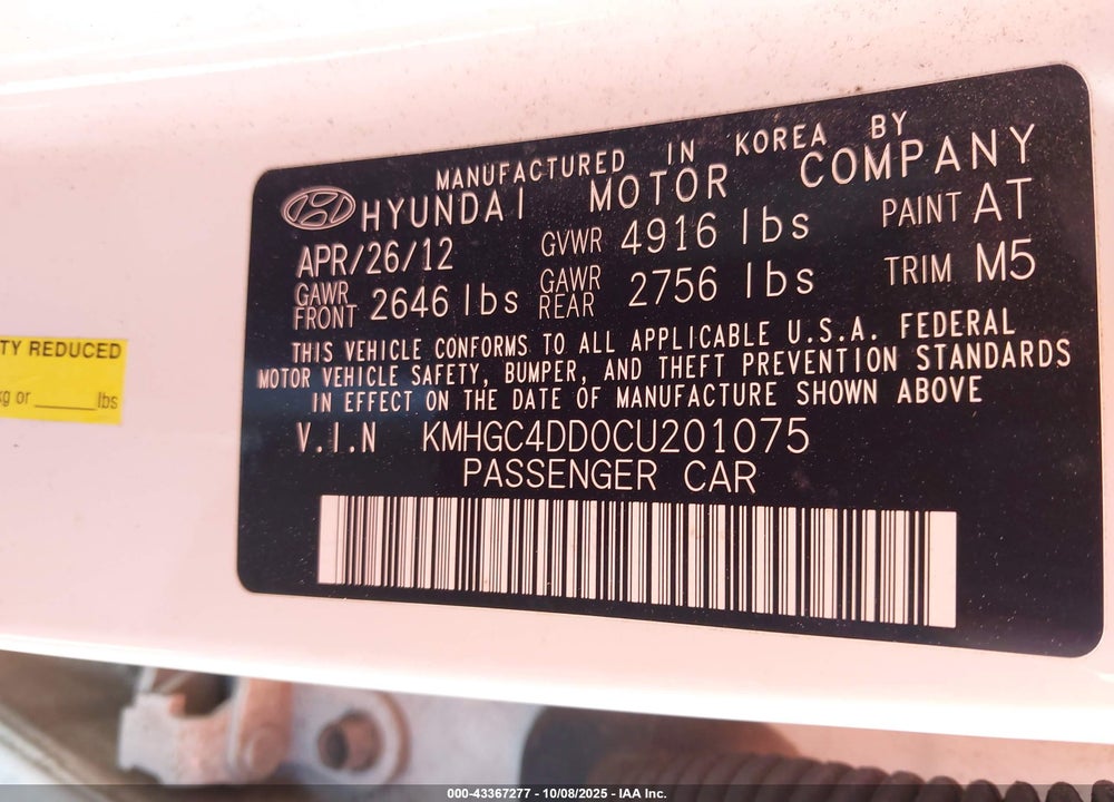 2012 HYUNDAI GENESIS VIN: KMHGC4DD0CU201075