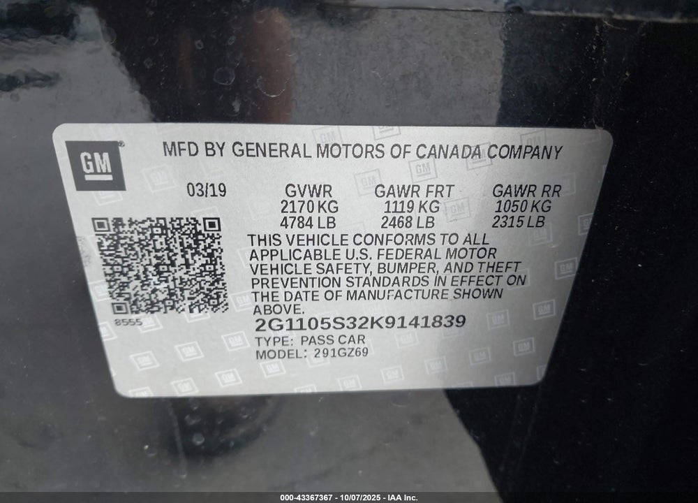 2019 CHEVROLET IMPALA PREMIER VIN: 2G1105S32K9141839
