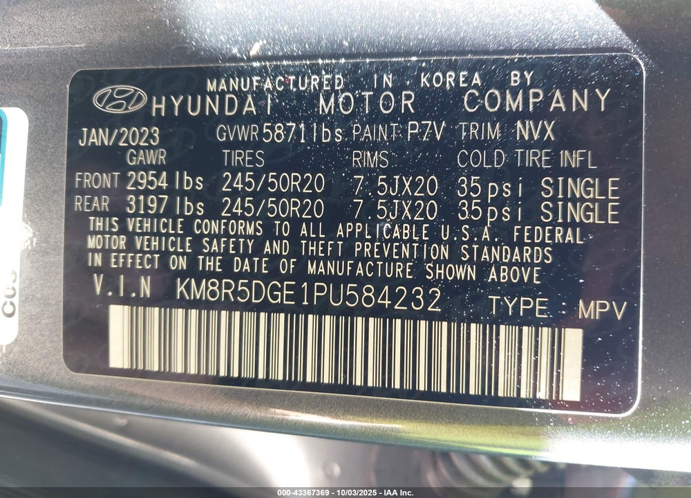 2023 HYUNDAI PALISADE VIN: KM8R5DGE1PU584232