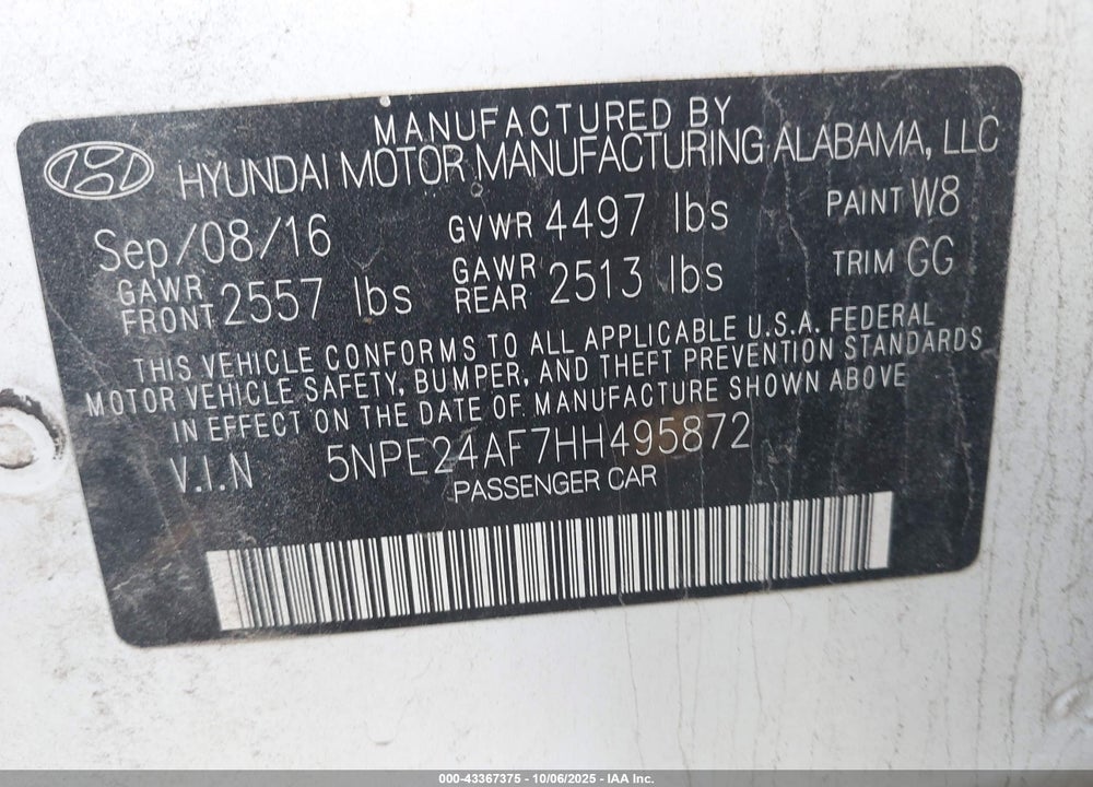2017 HYUNDAI SONATA VIN: 5NPE24AF7HH495872