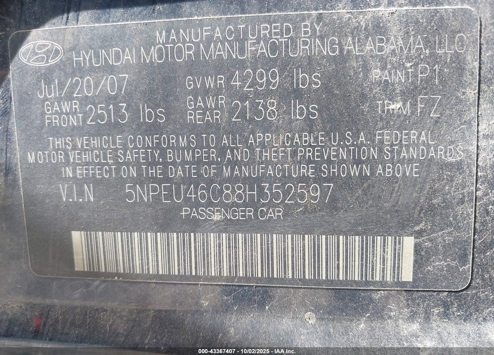 2008 HYUNDAI SONATA VIN: 5NPEU46C88H352597