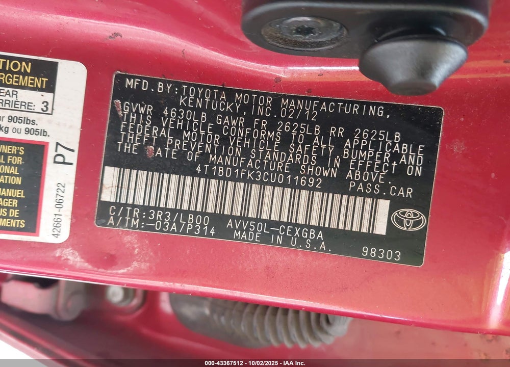 2012 TOYOTA CAMRY HYBRID XLE VIN: 4T1BD1FK3CU011692