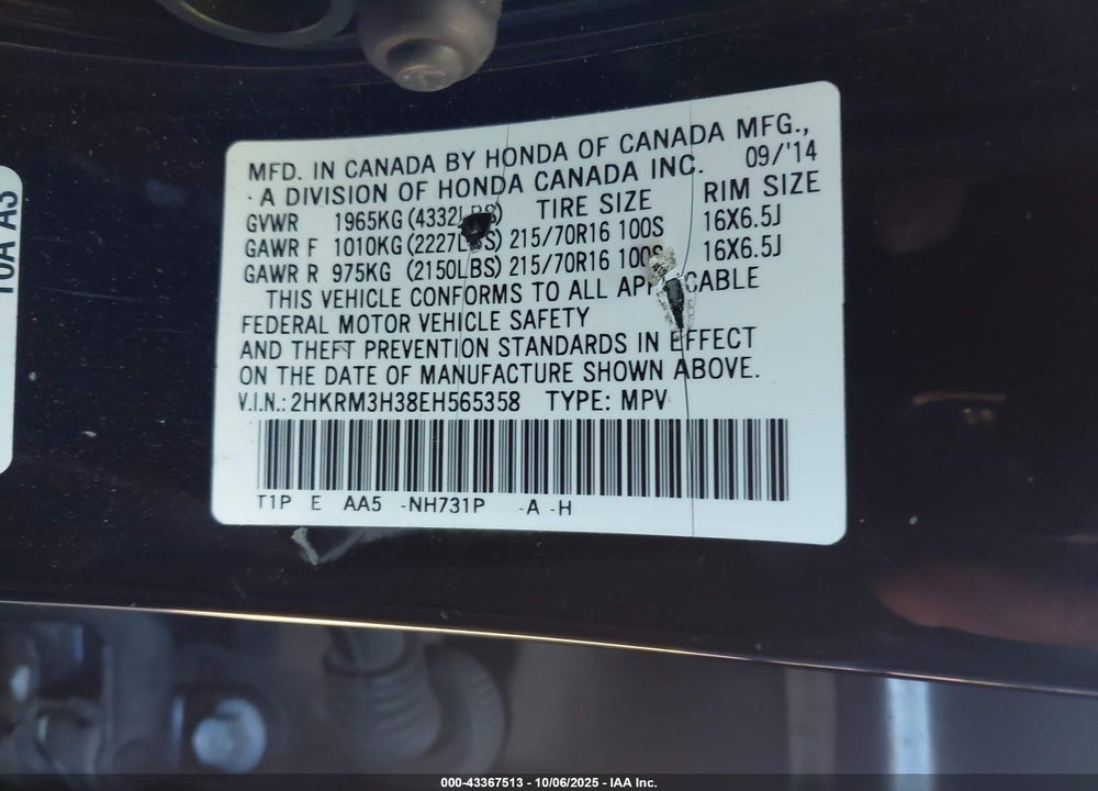 2014 HONDA CR-V LX VIN: 2HKRM3H38EH565358