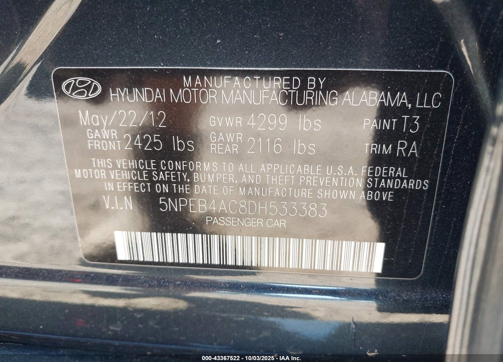 2013 HYUNDAI SONATA VIN: 5NPEB4AC8DH533383