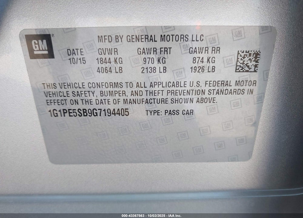 2016 CHEVROLET CRUZE LIMITED VIN: 1G1PE5SB9G7194405