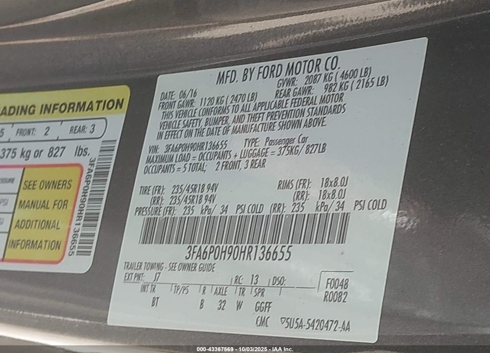 2017 FORD FUSION VIN: 3FA6P0H90HR136655