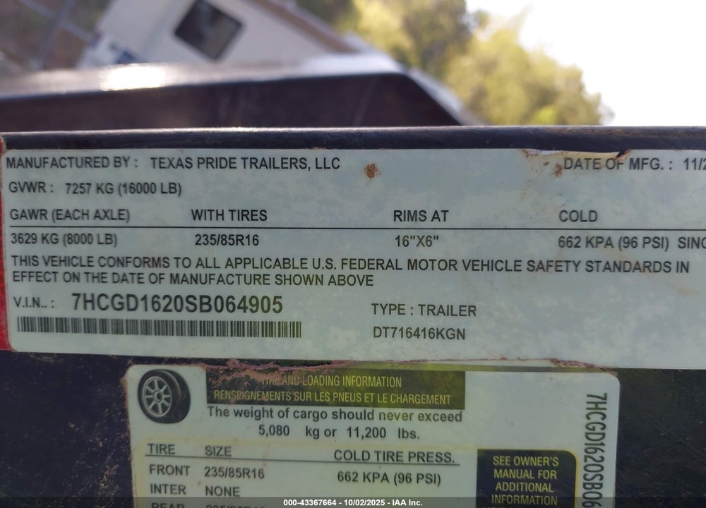 2025 TEXAS PRIDE TRAILERS TRAILER VIN: 7HCGD1620SB064905