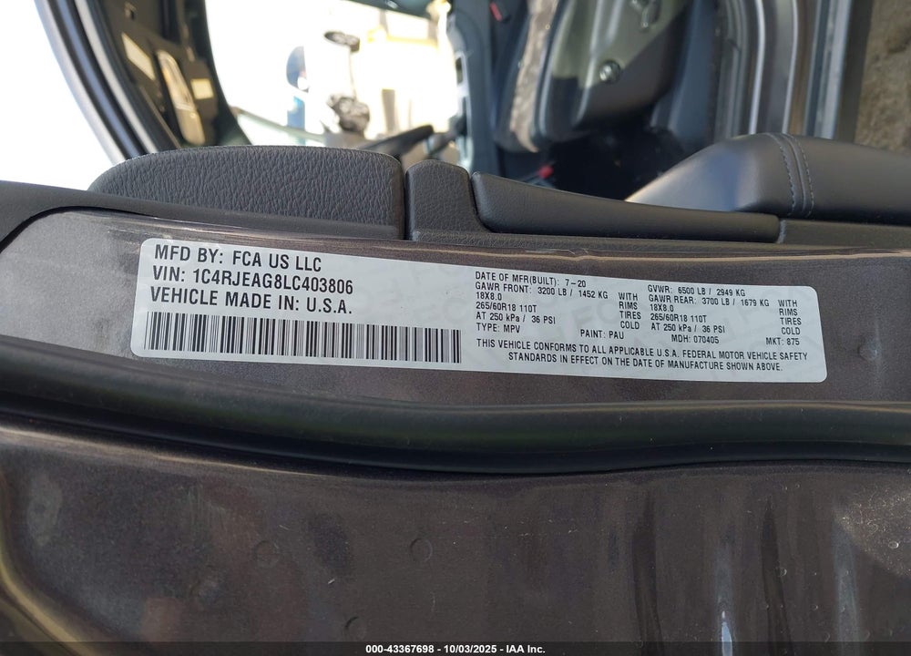2020 JEEP GRAND CHEROKEE LAREDO E 4X2 VIN: 1C4RJEAG8LC403806
