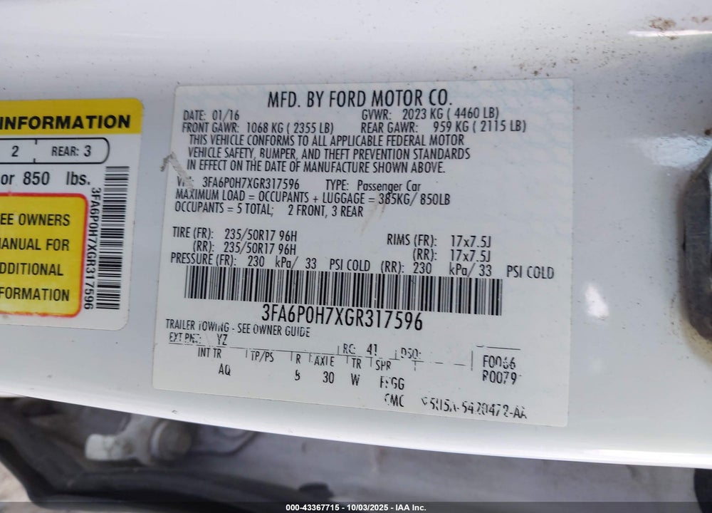 2016 FORD FUSION SE VIN: 3FA6P0H7XGR317596