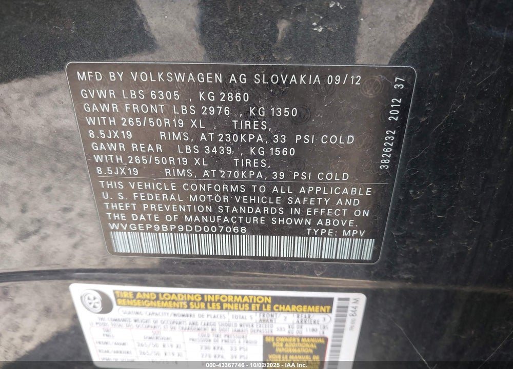 2013 VOLKSWAGEN TOUAREG VIN: WVGEP9BP9DD007068