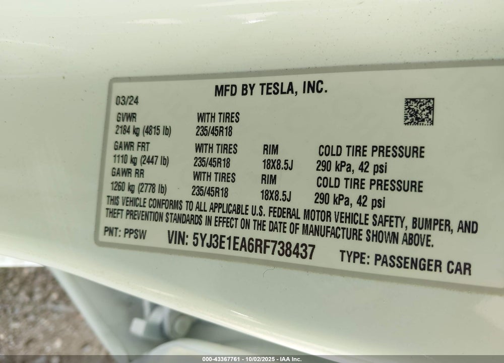 2024 TESLA MODEL 3 VIN: 5YJ3E1EA6RF738437