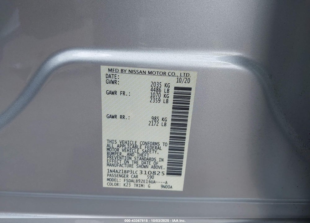 2020 NISSAN LEAF S 40 KWH VIN: 1N4AZ1BP3LC310825
