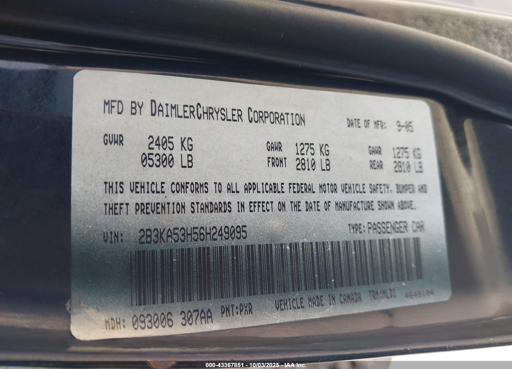 2006 DODGE CHARGER VIN: 2B3KA53H56H249095