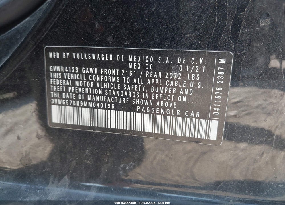 2021 VOLKSWAGEN JETTA VIN: 3VWG57BU9MM040196
