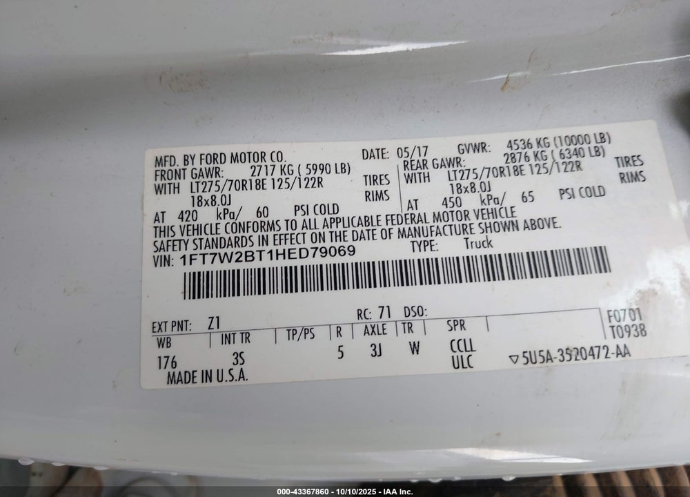 2017 FORD F-250 XLT VIN: 1FT7W2BT1HED79069