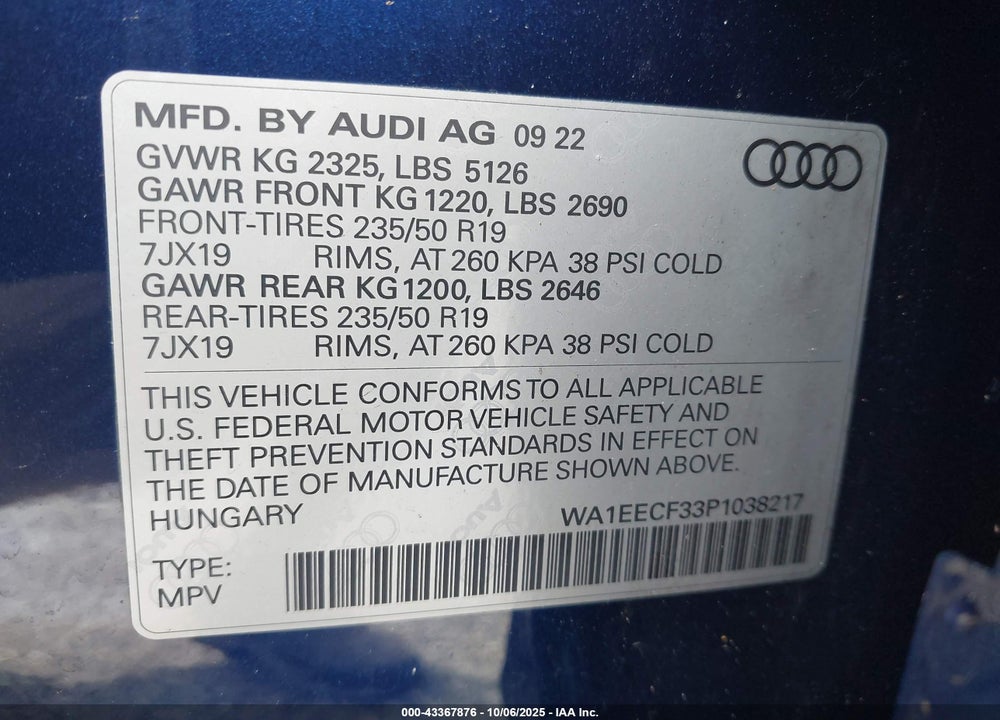 2023 AUDI Q3 PREMIUM PLUS 45 TFSI S LINE QUATTRO TIPTRONIC VIN: WA1EECF33P1038217
