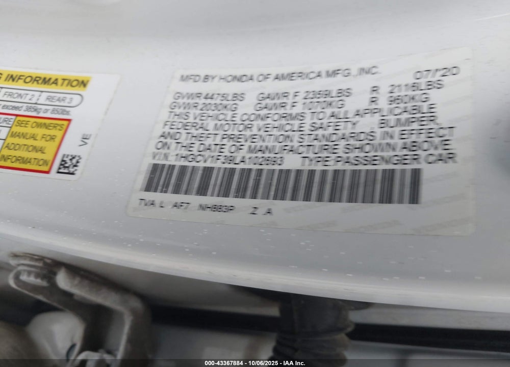 2020 HONDA ACCORD VIN: 1HGCV1F39LA102693