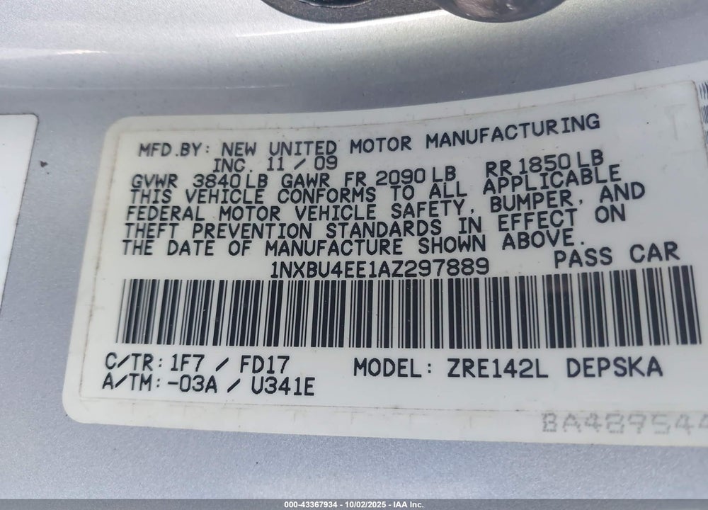 2010 TOYOTA COROLLA VIN: 1NXBU4EE1AZ297889