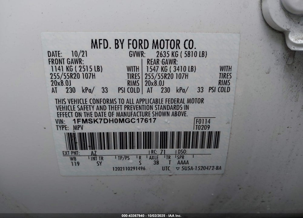 2021 FORD EXPLORER VIN: 1FMSK7DH0MGC17617