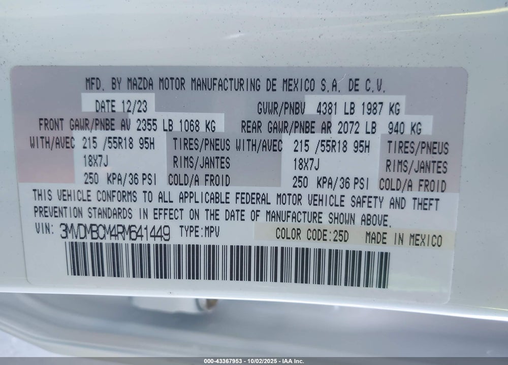 2024 MAZDA CX-30 2.5 S PREFERRED PACKAGE VIN: 3MVDMBCM4RM641449