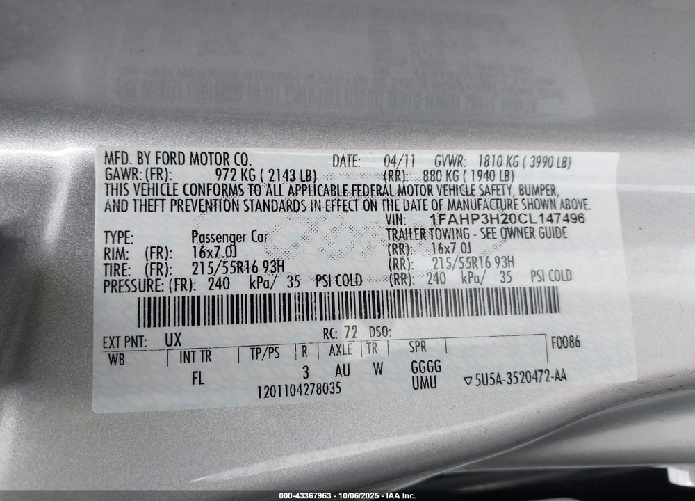 2012 FORD FOCUS VIN: 1FAHP3H20CL147496