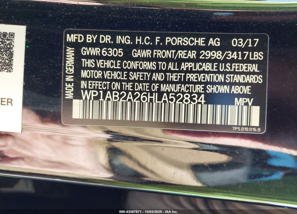 2017 PORSCHE CAYENNE S VIN: WP1AB2A26HLA52834