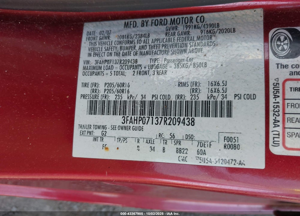 2007 FORD FUSION VIN: 3FAHP07137R209438
