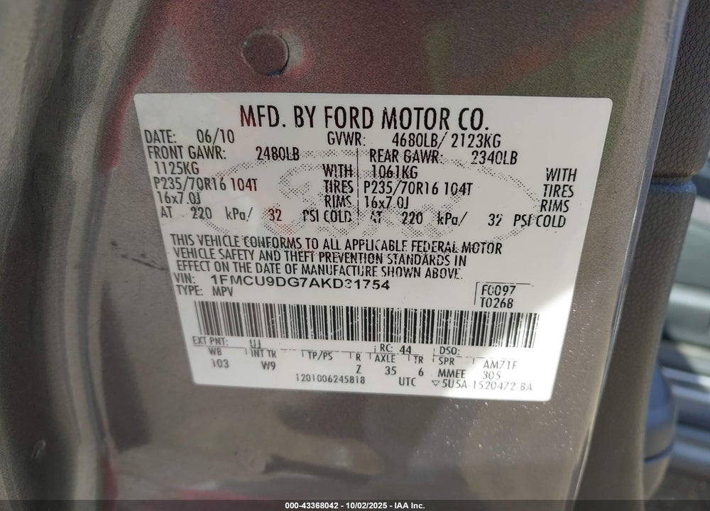 2010 FORD ESCAPE VIN: 1FMCU9DG7AKD31754
