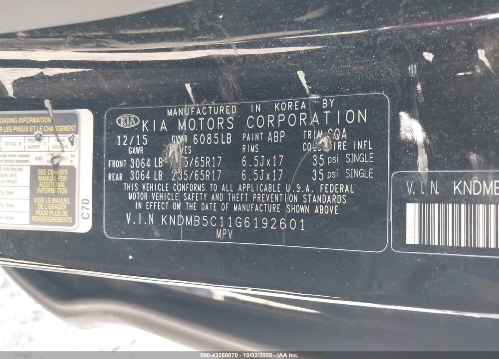 2016 KIA SEDONA LX VIN: KNDMB5C11G6192601