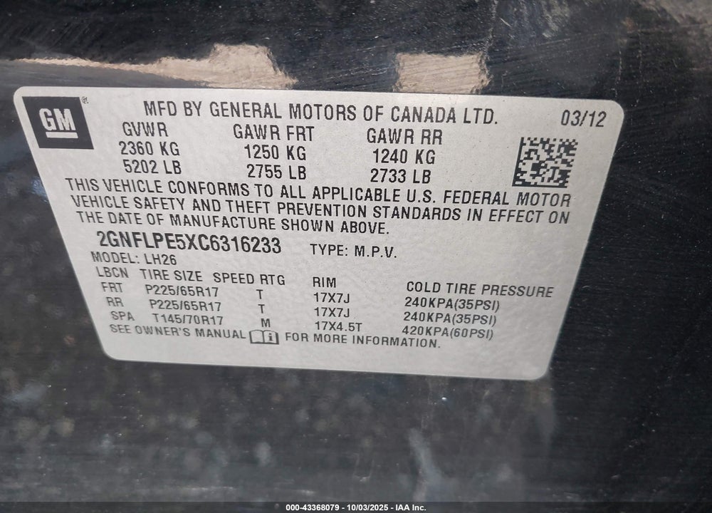 2012 CHEVROLET EQUINOX 2LT VIN: 2GNFLPE5XC6316233