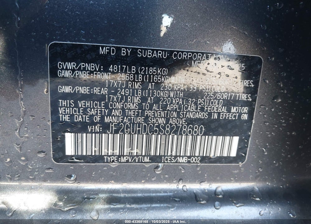 2025 SUBARU CROSSTREK VIN: JF2GUHDC5S8278680