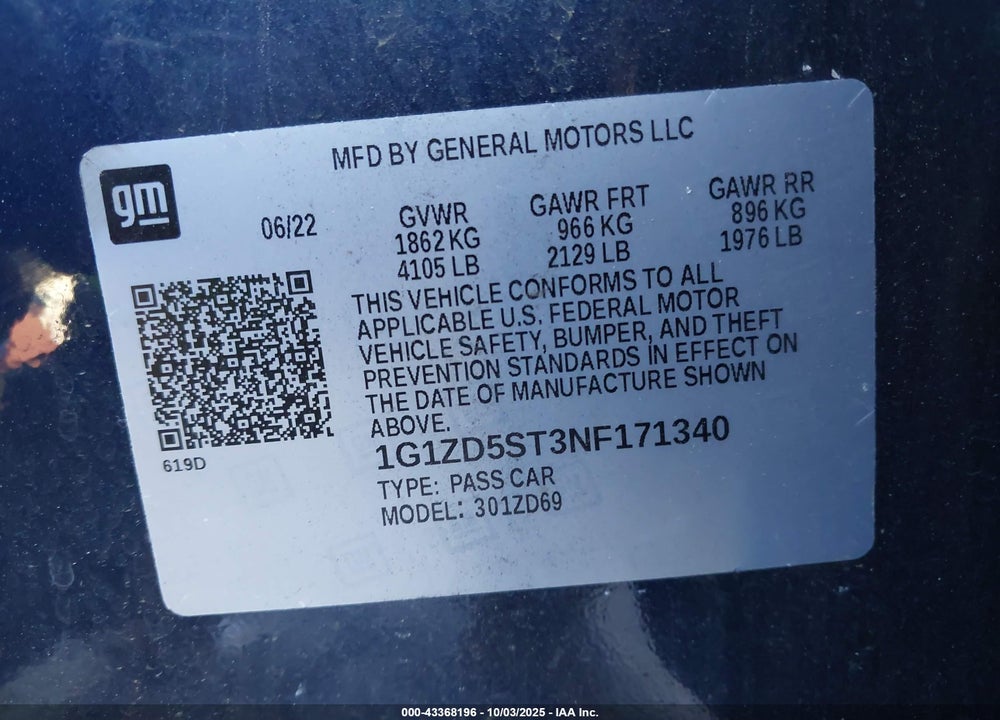 2022 CHEVROLET MALIBU FWD LT VIN: 1G1ZD5ST3NF171340