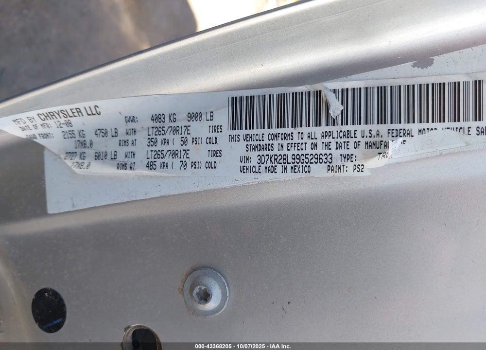 2009 DODGE RAM 2500 SLT VIN: 3D7KR28L99G529633