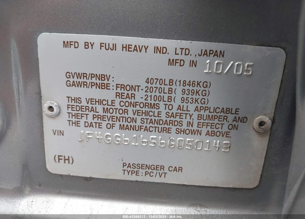 2006 SAAB 9-2 VIN: JF4GG61656G050143