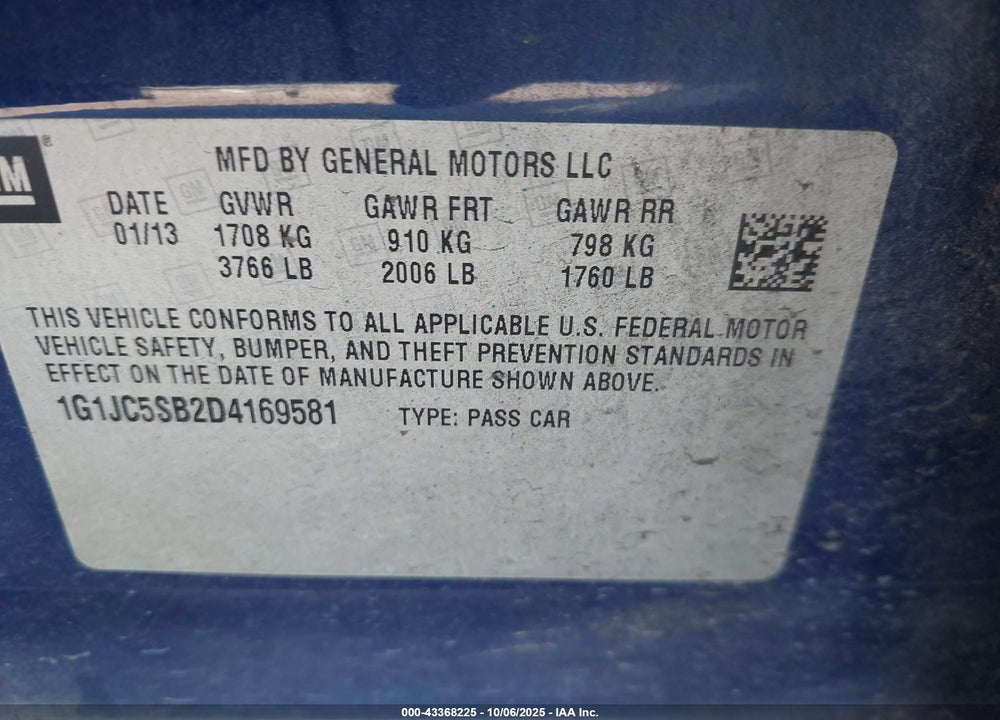 2013 CHEVROLET SONIC LT AUTO VIN: 1G1JC5SB2D4169581