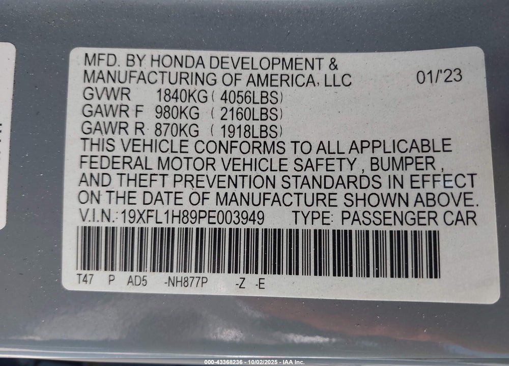 2023 HONDA CIVIC SPORT TOURING VIN: 19XFL1H89PE003949