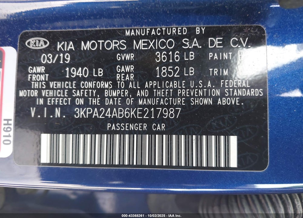 2019 KIA RIO S VIN: 3KPA24AB6KE217987