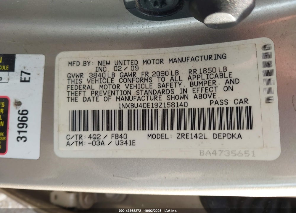 2009 TOYOTA COROLLA VIN: 1NXBU40E19Z158140