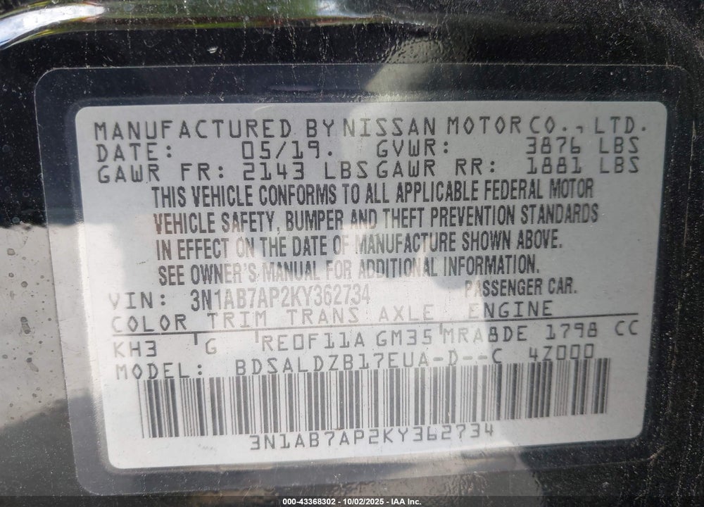 2019 NISSAN SENTRA VIN: 3N1AB7AP2KY362734