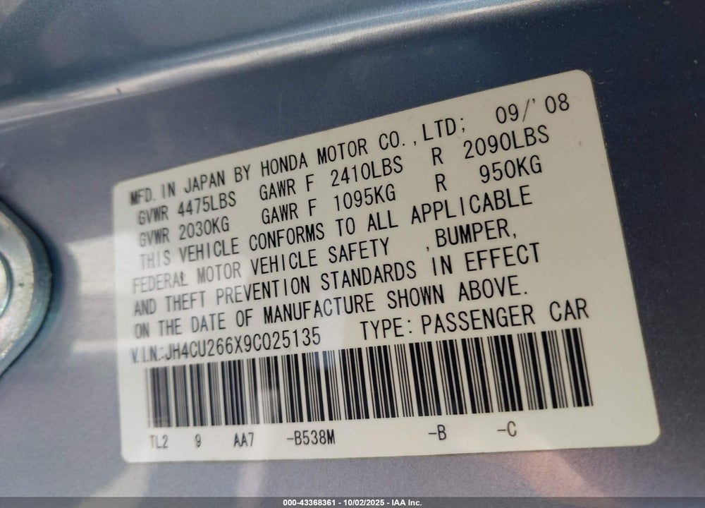 2009 ACURA TSX VIN: JH4CU266X9C025135