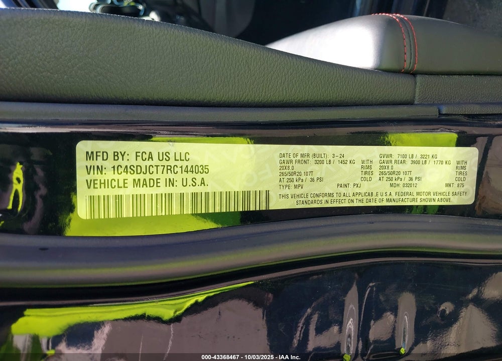 2024 DODGE DURANGO VIN: 1C4SDJCT7RC144035