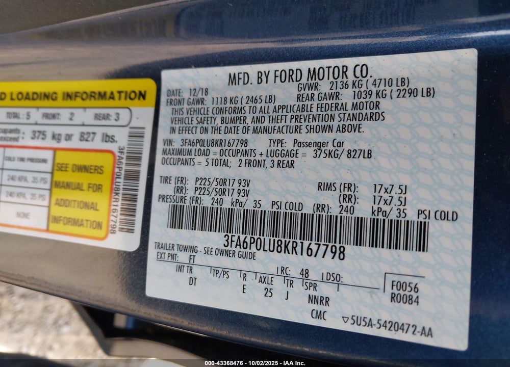 2019 FORD FUSION VIN: 3FA6P0LU8KR167798