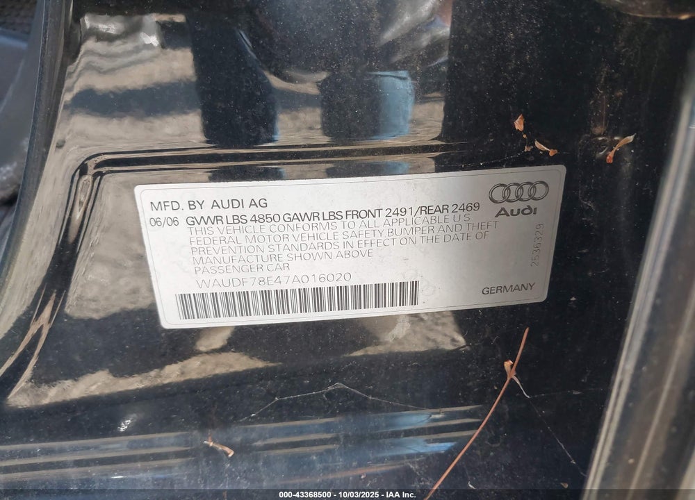 2007 AUDI A4 VIN: WAUDF78E47A016020