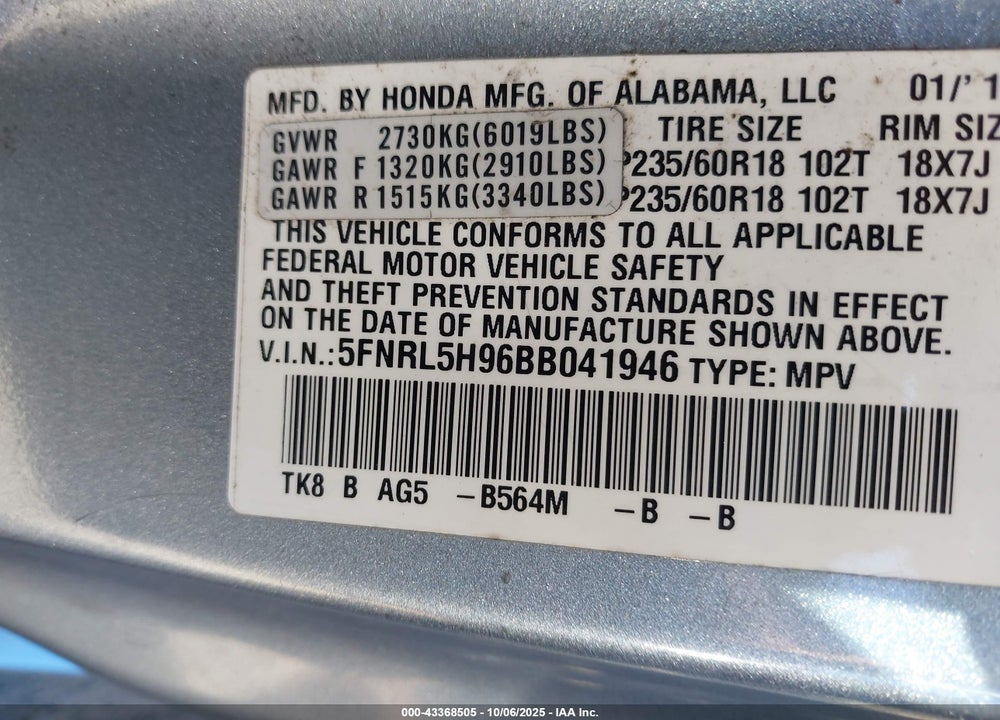 2011 HONDA ODYSSEY TOURING/TOURING ELITE VIN: 5FNRL5H96BB041946